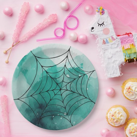 Assiettes En Carton Doodle Spiderweb sur Vert (Fête)