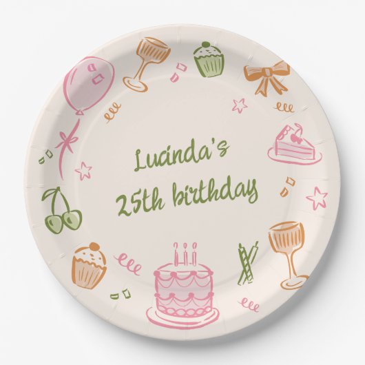 Assiettes En Carton Doodle Whimsical main tiré fête d'anniversaire (Devant)