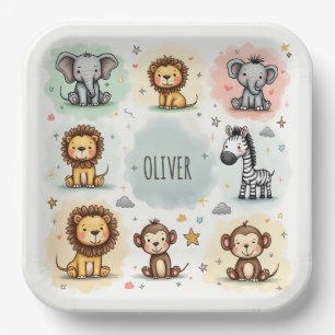 Assiettes En Carton Doodles d'animaux de safari à l'aquarelle mignons