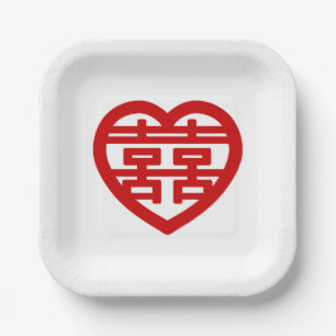 Assiettes En Carton Double Bonheur 囍 Shuangxi Chinois Hanzi Cœur