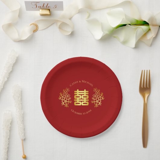 Assiettes En Carton Double bonheur floral chinois mariage or rouge (Mariage)