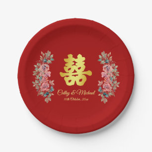 Assiettes En Carton Double bonheur floral rouge mariage chinois