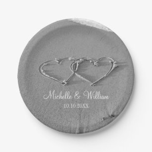 Assiettes En Carton Double coeur sur la plage et les plaques de mariag