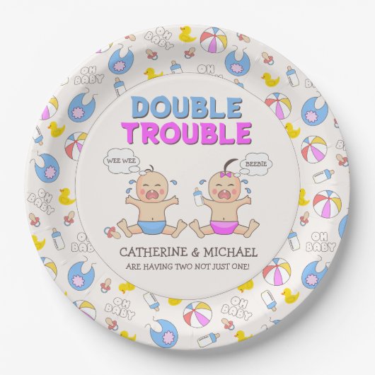 Assiettes En Carton Double Trouble Twin Boy & Girl Baby shower (Devant)