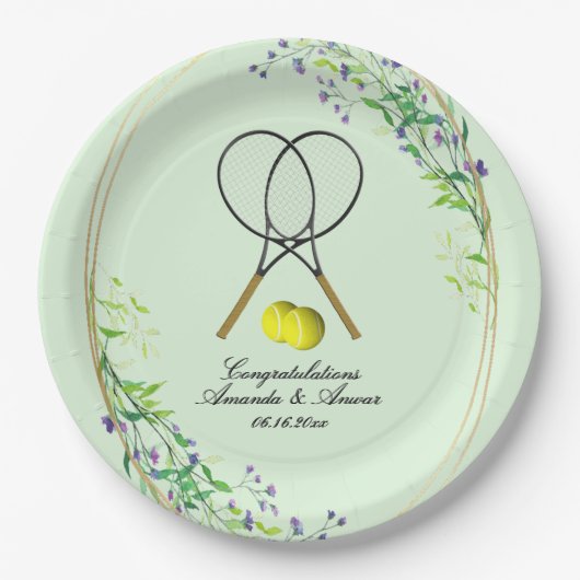 Assiettes En Carton Doubles de tennis Mariage 3 lignes de texte vert (Devant)