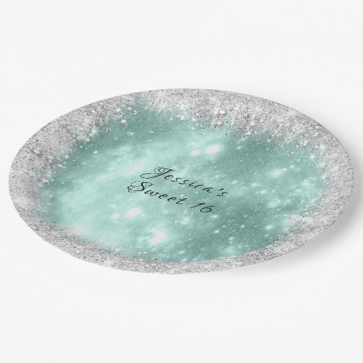 Assiettes En Carton Douce 16 Belle Étincelle Turquoise, Paillettes Arg (Angle)