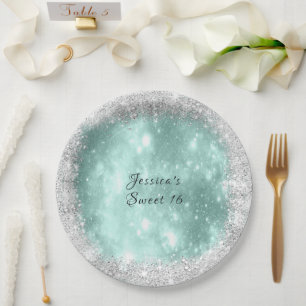 Assiettes En Carton Douce 16 Belle Turquoise Étincelle, Paillettes Arg