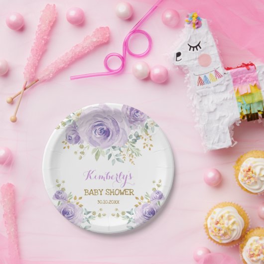 Assiettes En Carton Douce Baby Shower Florale Lavande Or Bohème (Fête)