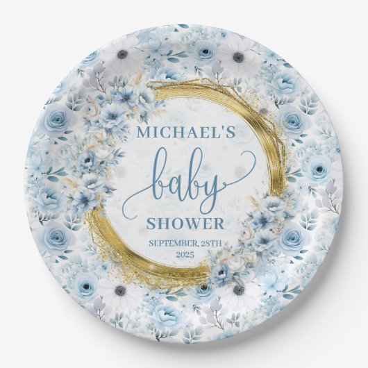 Assiettes En Carton Douce bleu roux fleurs or personnalisé douche (Devant)