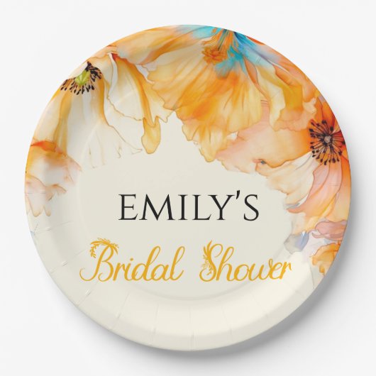 Assiettes En Carton Douce eau Orange Coquelicot Fleurie Baby Shower (Devant)
