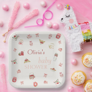 Assiettes En Carton Douce Fête de Naissance à l'aquarelle de Cerise De