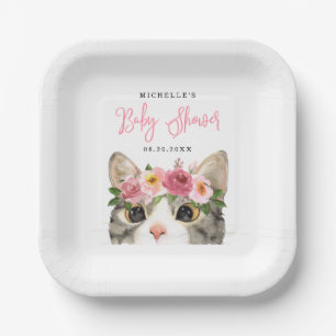 Assiettes En Carton Douce Fille au Chat à l'Aquarelle Baby Shower