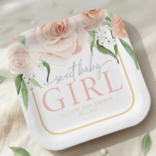 Assiettes En Carton Douce Fille Rose Pâle Jardin de Roses Baby Shower