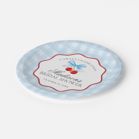 Assiettes En Carton Douce Mariée Cerise Bleue Gingham Shower Nuptial (Angle)