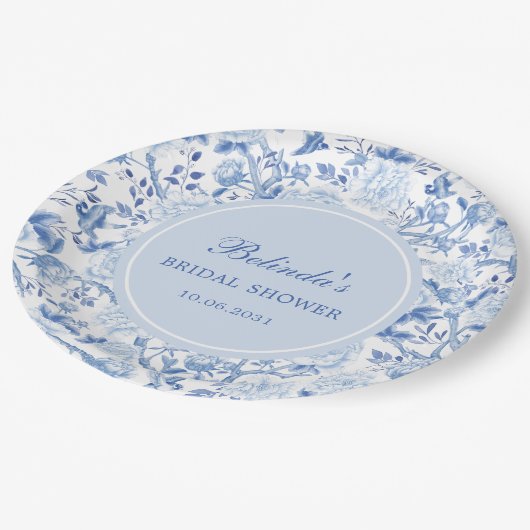 Assiettes En Carton Douce Mariée Florale Chinoiserie Bleu Blanc (Angle)