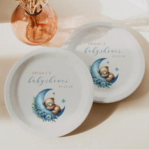 Assiettes En Carton Douce Ours Aquarelle Garçon Lune Bleue Baby Shower