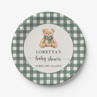 Assiettes En Carton Douce Ourson Vert à Carreaux Baby Shower