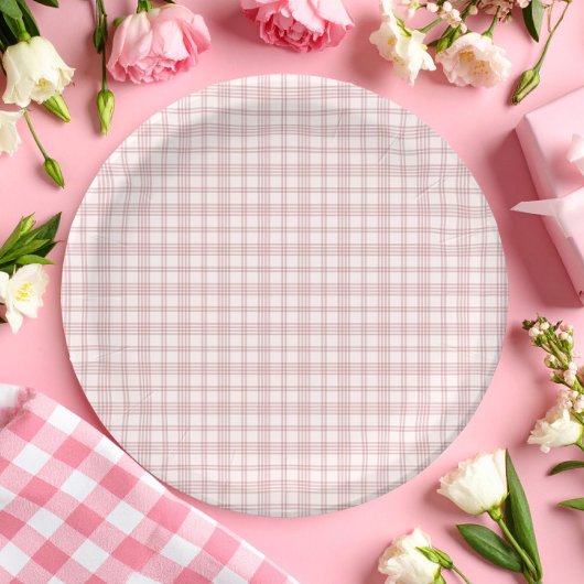 Assiettes En Carton Douce robe à carreaux rose pour Baby Shower