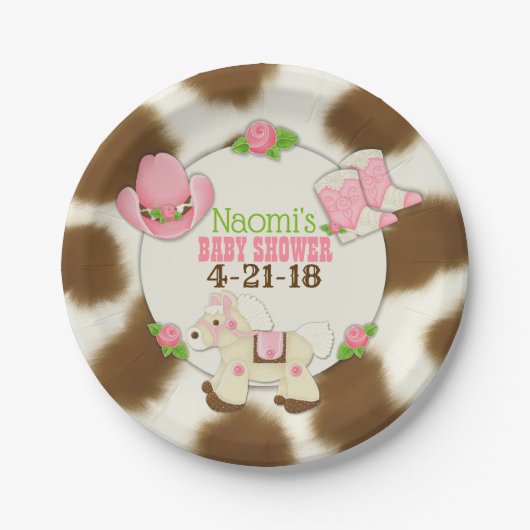 Assiettes En Carton Douche 7" de bébé de cow-girl de petit gâteau (Devant)