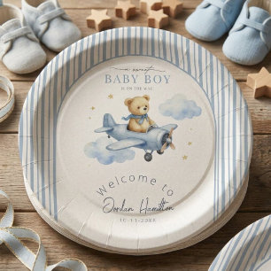 Assiettes En Carton  Douche bébé garçon Ourson Petit Pilote 