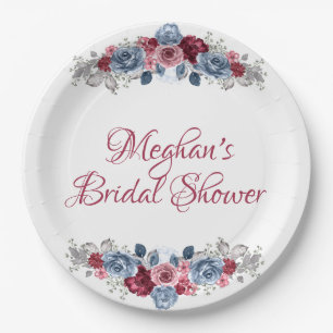 Assiettes En Carton Douche de Mariée Bleu Poussiéreux et Bourgogne
