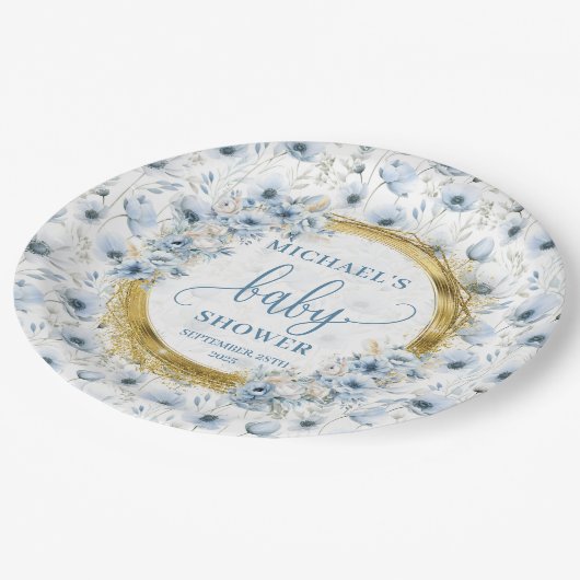 Assiettes En Carton Douche dorée à l'aquarelle bleu poussiéreuse (Angle)