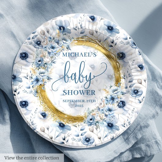 Assiettes En Carton Douche dorée à l'aquarelle bleu poussiéreuse