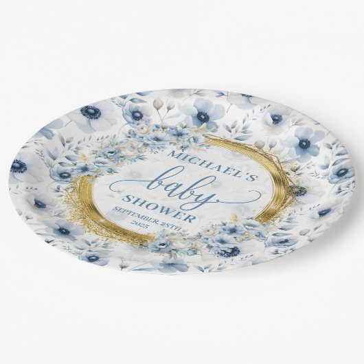 Assiettes En Carton Douche dorée à l'aquarelle bleu poussiéreuse (Angle)