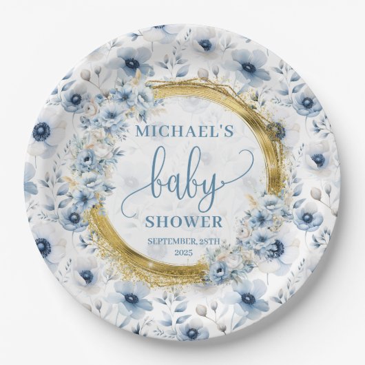 Assiettes En Carton Douche dorée à l'aquarelle bleu poussiéreuse (Devant)