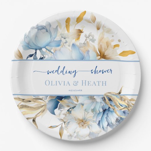 Assiettes En Carton Douche Dusty Blue Floral Couples Or (Devant)
