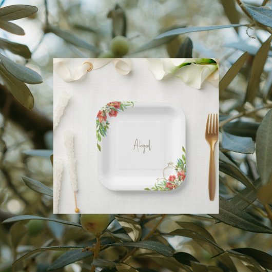 Assiettes En Carton Douche Florale Rouge Grenade de Toscane