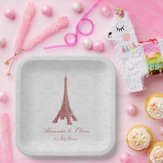 Assiettes En Carton Douche Mariage damassé Tour Eiffel Rouge (Fête)