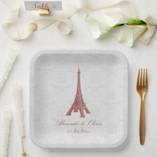 Assiettes En Carton Douche Mariage damassé Tour Eiffel Rouge (Mariage)