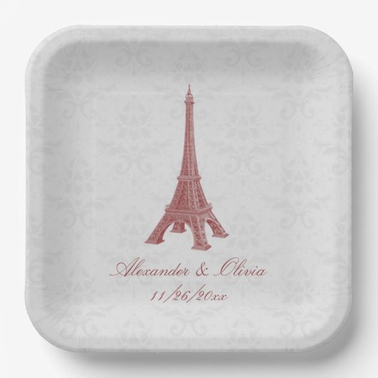Assiettes En Carton Douche Mariage damassé Tour Eiffel Rouge (Recto)