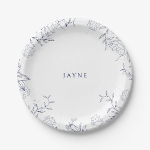 Assiettes En Carton Douche Neutre Botanique Bleu Marine et Blanc