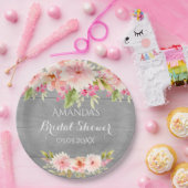 Assiettes En Carton Douche nuptiale gris rose fleurs rustique (Fête)