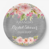 Assiettes En Carton Douche nuptiale gris rose fleurs rustique (Devant)
