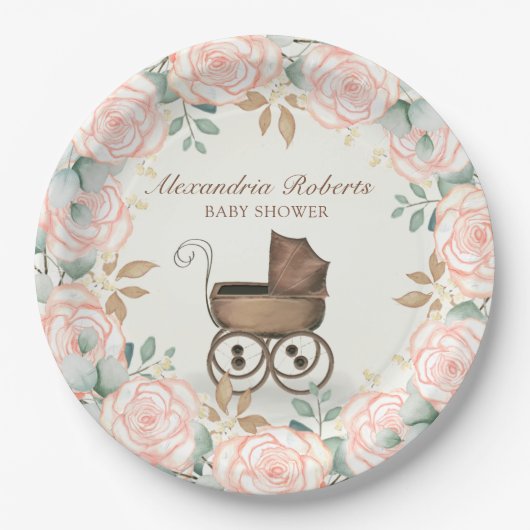 Assiettes En Carton Douche personnalisée pour bébé rose rose pâle (Devant)