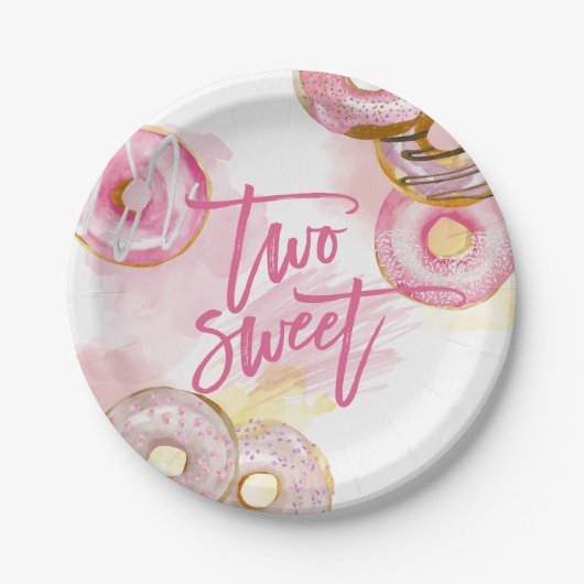 Assiettes En Carton Doughnut rose deux beignets doux 2e anniversaire (Devant)