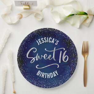 Assiettes En Carton Doux 16 Anniversaire Bleu Nuit Aquarelle Argent Gr
