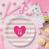 Assiettes En Carton Doux 16 Coeur sur papier rayé rose et blanc Plat (Fête)