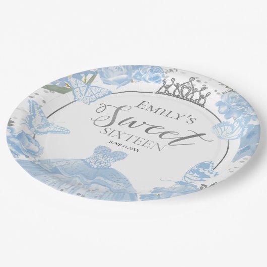 Assiettes En Carton Doux 16 Plaques en papier Papillon Dusty Robe bleu (Angle)