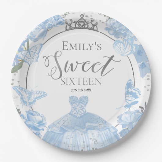 Assiettes En Carton Doux 16 Plaques en papier Papillon Dusty Robe bleu (Devant)