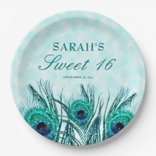 Assiettes En Carton Doux 16 Plumes de paon Parties scintillant Turquoi