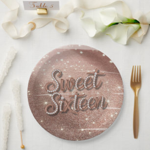 Assiettes En Carton Douze Ans Sucrés en Or Rose et Perles
