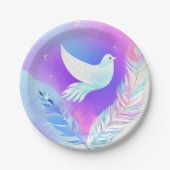 Assiettes En Carton Dove blanche avec plumes roses et bleues (Devant)