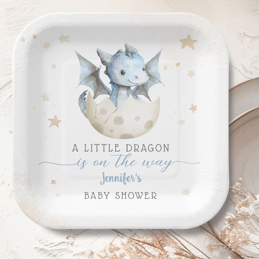 Assiettes En Carton Dragon Baby shower Cute Boy Blue Dragon