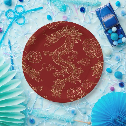 Assiettes En Carton Dragon chinois or et rouge foncé (Fête)