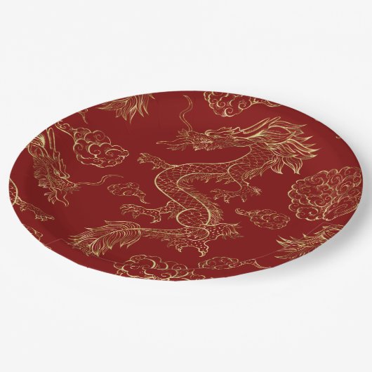 Assiettes En Carton Dragon chinois or et rouge foncé (Angle)