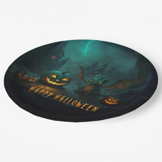 Assiettes En Carton Dragon d'Halloween mignon avec Citrouilles effraya (Angle)